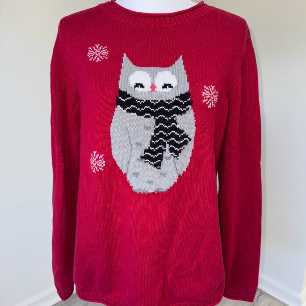 Christopher & Banks Red Holiday Owl Sweater Snowflakes Women’s Size Large‎